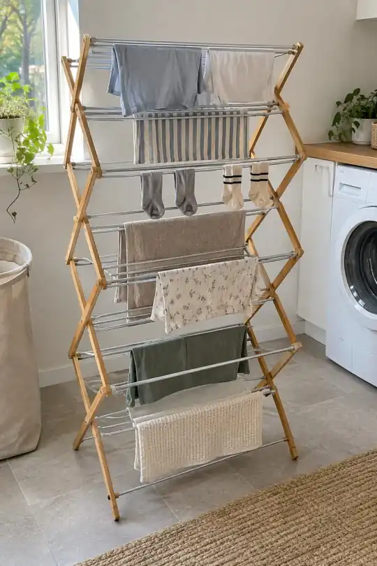 Mainstays Bamboo Laundry Drying Rack, 7-Level Space-Saving Collapsible Design; styling illustration