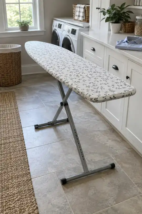 Mainstays T-Leg Ironing Board, 53 in x 14 in, Adjustable Height, Steel Frame, Cotton Cover; styling illustration