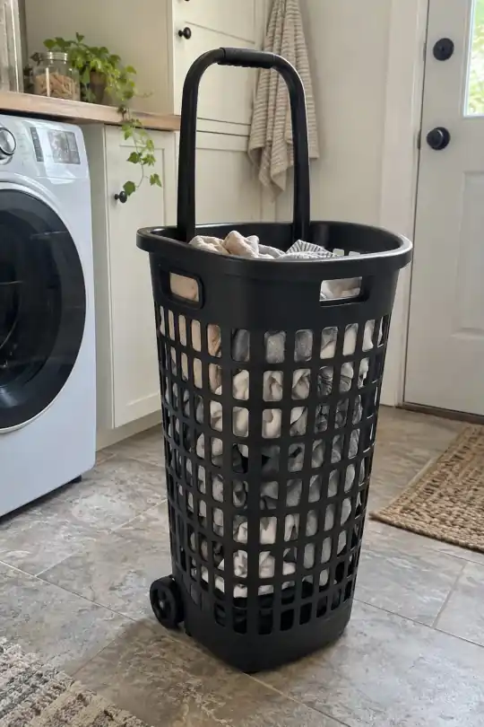 Mainstays Rolling Laundry Hamper, Black Plastic, 2.6 Bushel; styling illustration