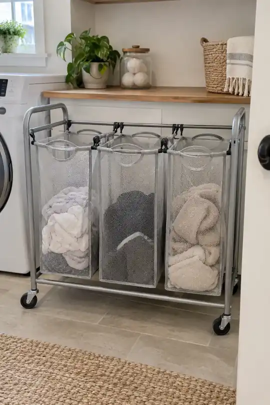 Mainstays Rolling Laundry Sorter Cart with Removable Mesh Bags and Casters; styling illustration