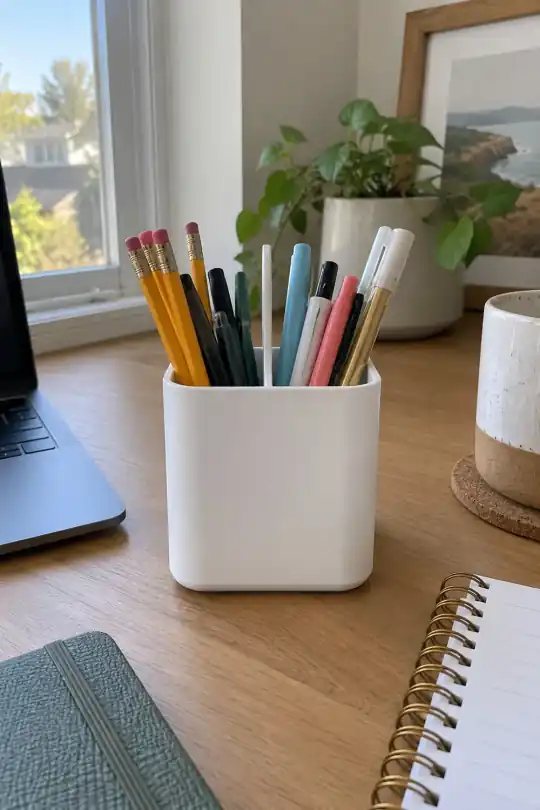 Pen+Gear Desktop Organizer Pen Cup, White; styling illustration