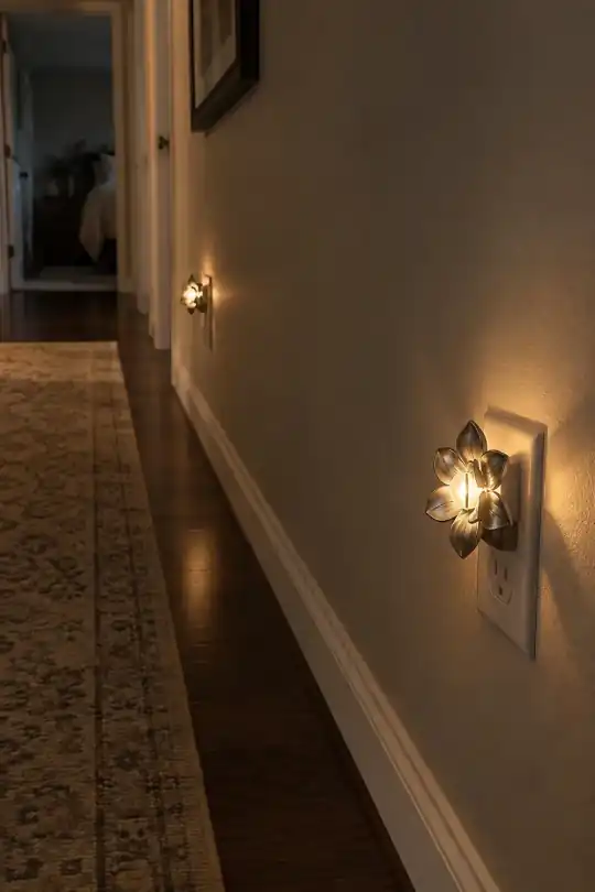 Better Homes & Gardens Flower Design LED Night Lights, Satin Nickel, 2 Pack; styling illustration