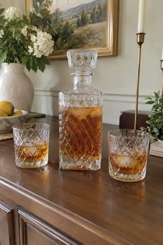 Better Homes & Gardens Sylvan Diamond-Cut Glass Decanter and DOF 3-Piece Set; styling illustration