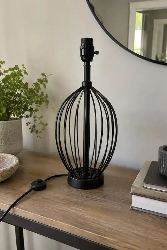 Better Homes & Gardens Black Metal Cage Table Lamp Base, 19 in; styling illustration