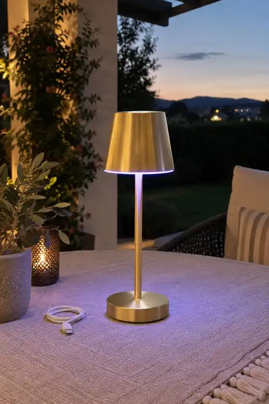 Better Homes & Gardens Rechargeable Color-Changing Table Lamp, Gold, 14 in; styling illustration