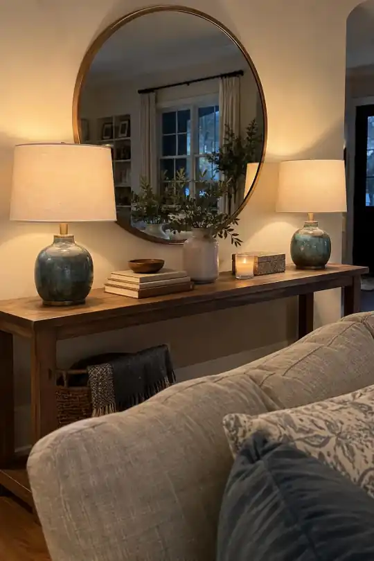 Better Homes & Gardens Reactive-Glaze Ceramic Table Lamps with Brass Accent, 17 in, 2 Pack; styling illustration