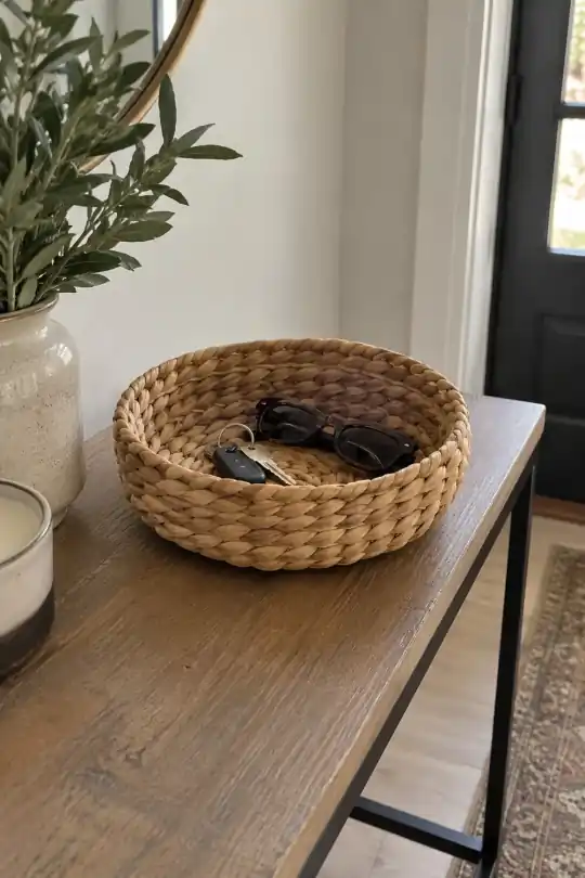 Better Homes & Gardens Round Water Hyacinth Woven Basket, 10 in; styling illustration