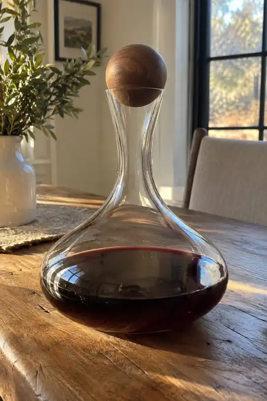 Better Homes & Gardens Glass Wine Decanter with Wooden Sphere Stopper, 85 oz; styling illustration