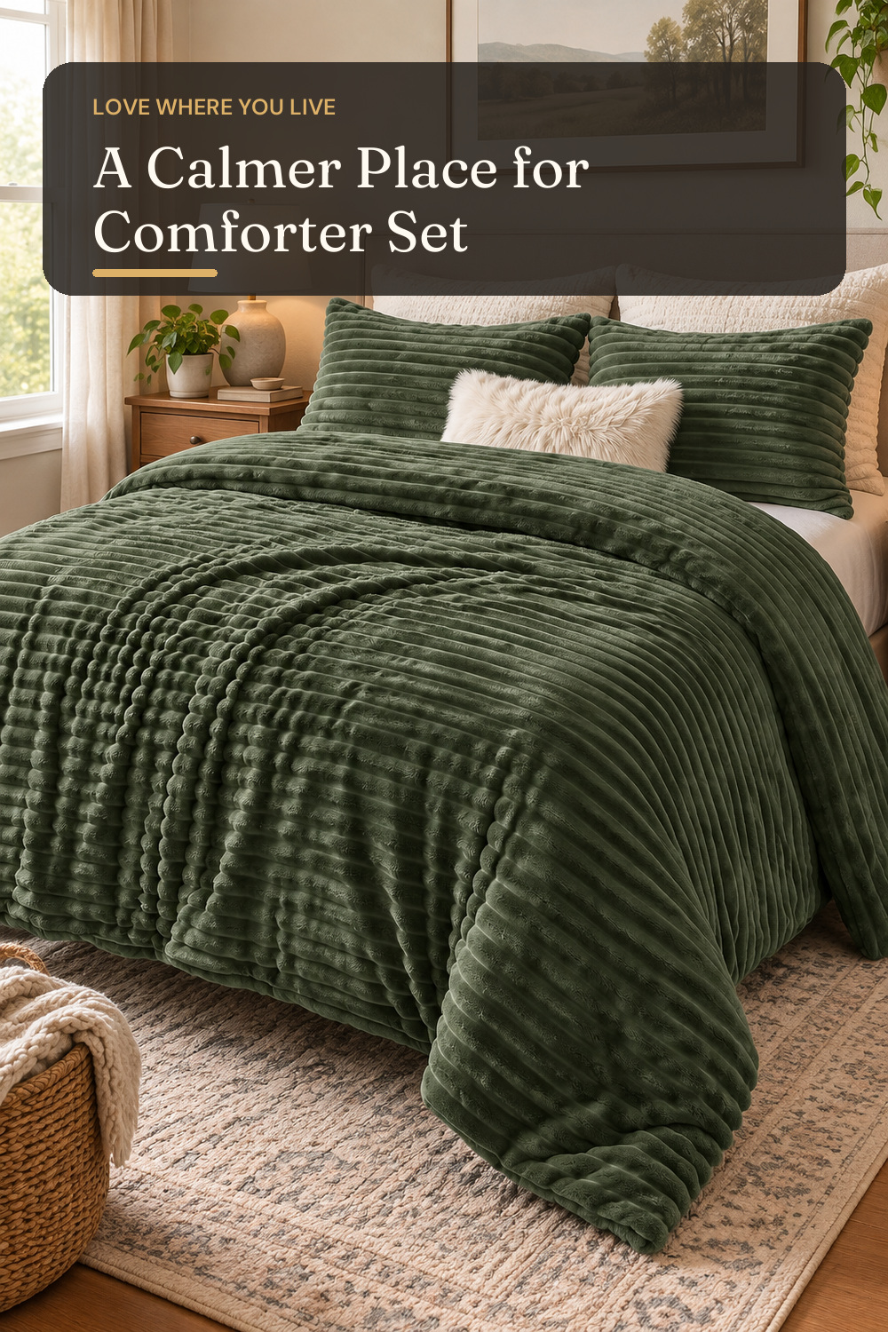 CozyLux Fleece Full Size Comforter Sets, 3 Piece Warm Olive Green Bedding; AI-generated styling illustration