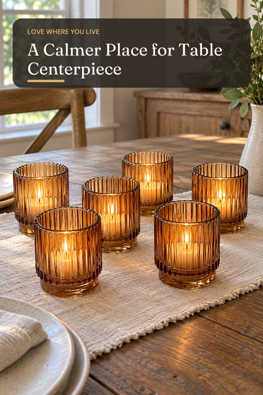 Kate Aspen Vintage Glass Tealight & Amber Votive Candle Holders (Set of 6) Rustic Fluted Candle Holder Set, Boho Home Decor, Wedding Table Centerpieces, Farmhouse Kitchen Table Decor; AI-generated styling illustration