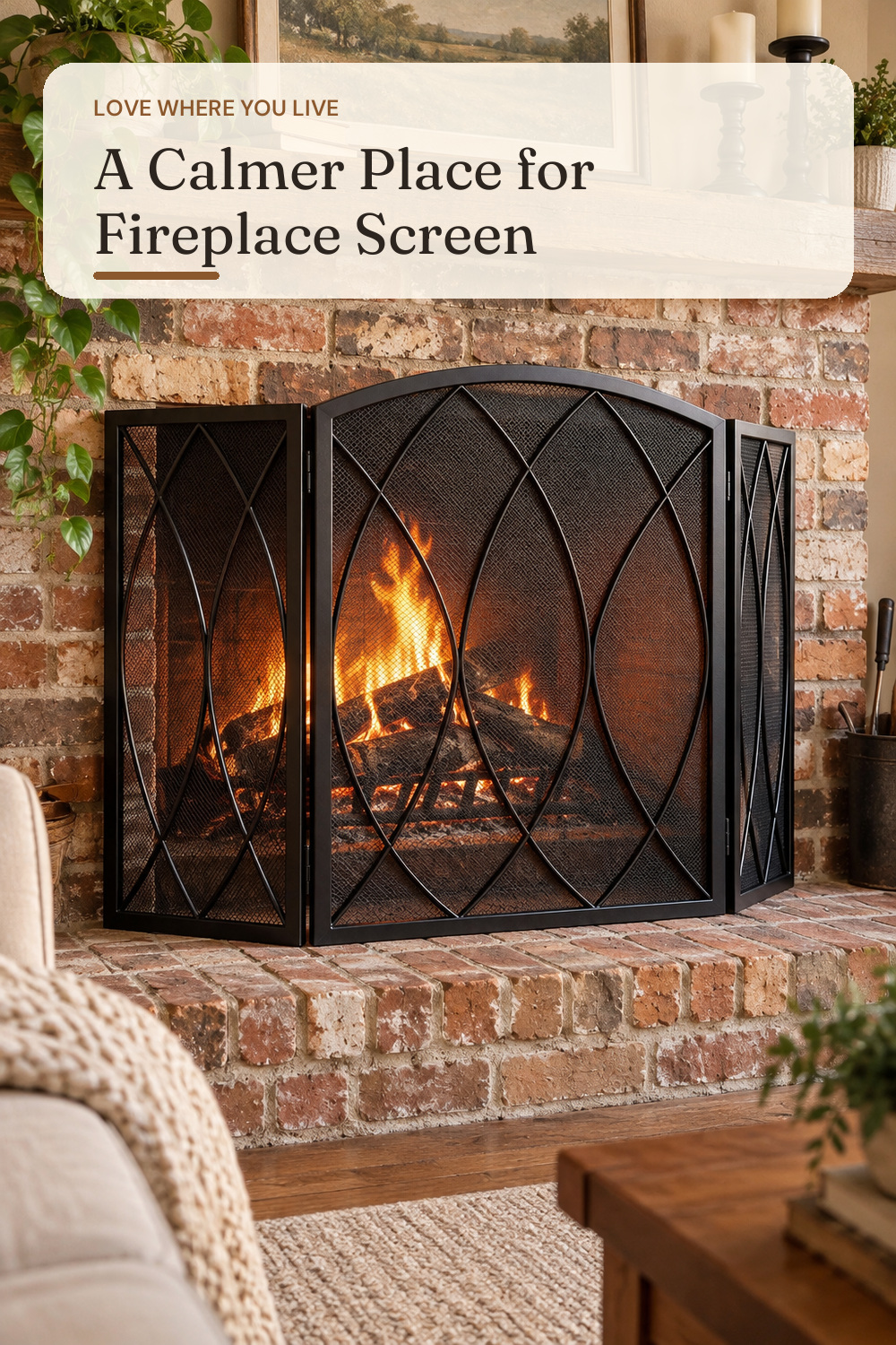 FEED GARDEN 3-Panel Fireplace Screen 48"W x 29.5"H Wrought Iron Spark Guard; AI-generated styling illustration