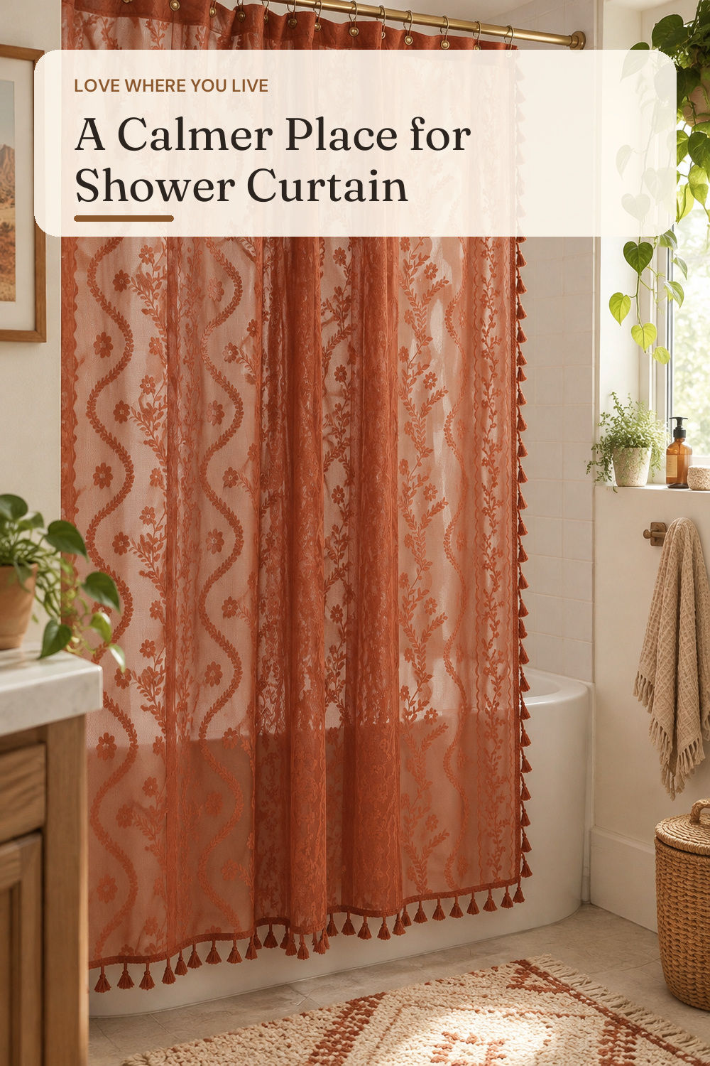 WAZZIO Terracotta Lace Shower Curtain,Boho Chic Fall Color,72 x 72 in; AI-generated styling illustration