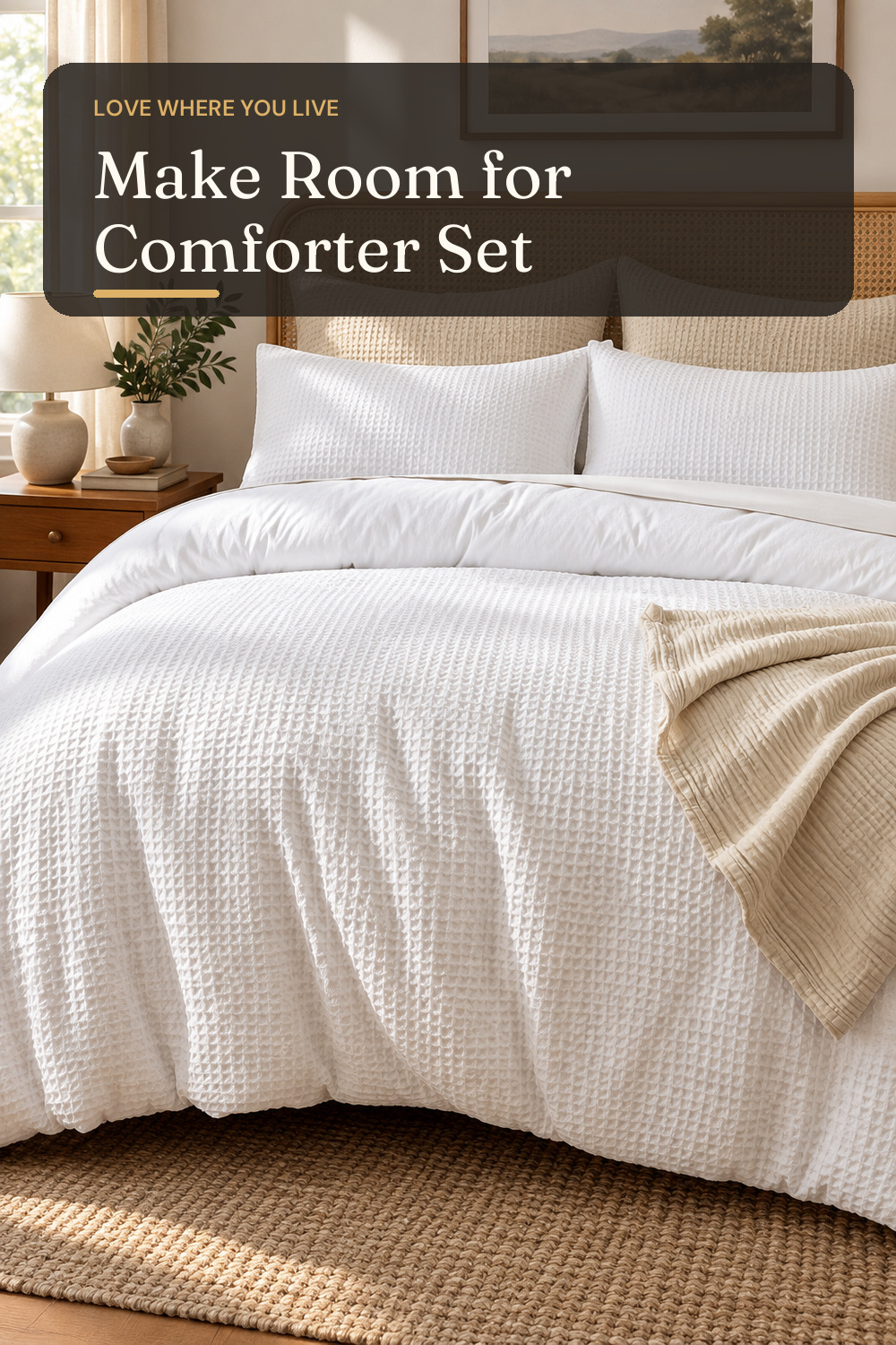 David's Home Textured Summer Waffle Weave Comforter Set, Queen, White; AI-generated styling illustration