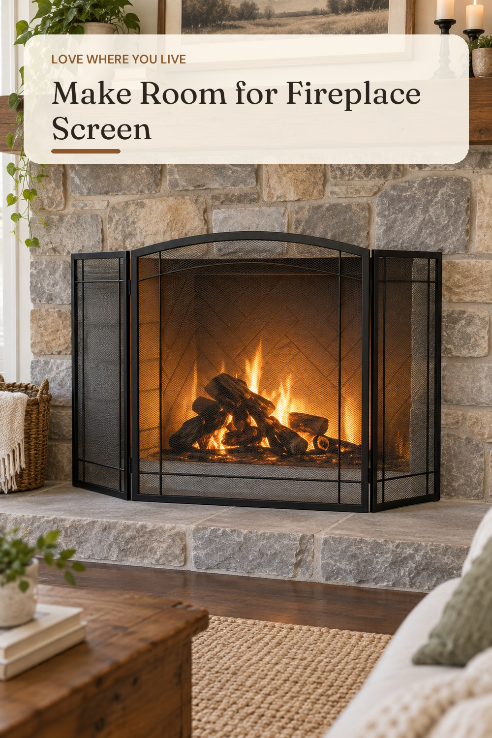 FEED GARDEN 3 Panel Fireplace Screen 48" W x 29" H Modern Foldable with Wrought Metal Decorative Mesh,Arch Heavy Duty Fire Spark Guard Cover for Home Decor Indoor, Black; AI-generated styling illustration