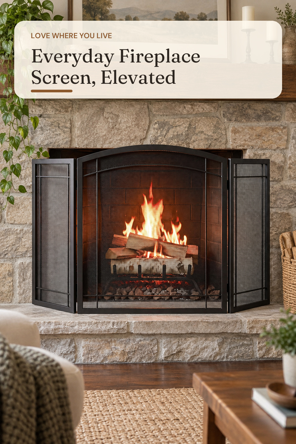 FEED GARDEN 48" W X29 H Wrought Iron Fireplace Screen, 3-Panel Spark Guard; AI-generated styling illustration