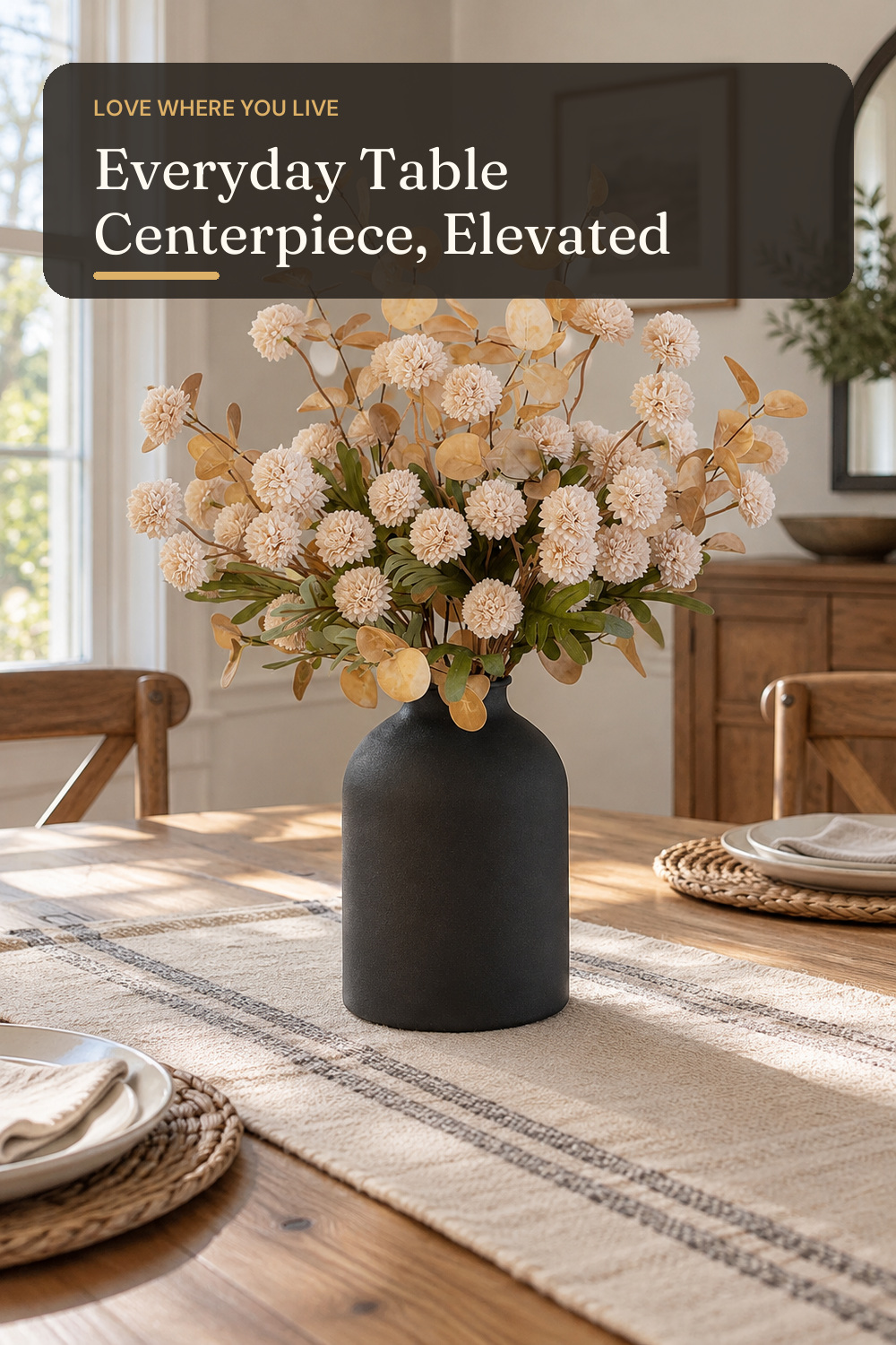 BLOSMON Fake Flowers Centerpieces for Tables, Beige Mums for Dining Room; AI-generated styling illustration