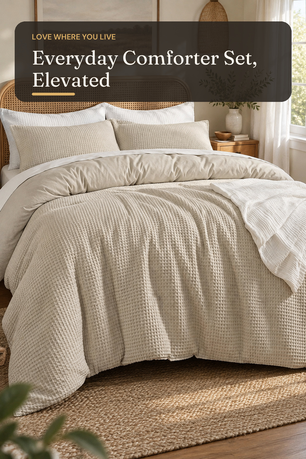 David's Home Textured Summer Waffle Weave Comforter Set, Queen, Linen; AI-generated styling illustration