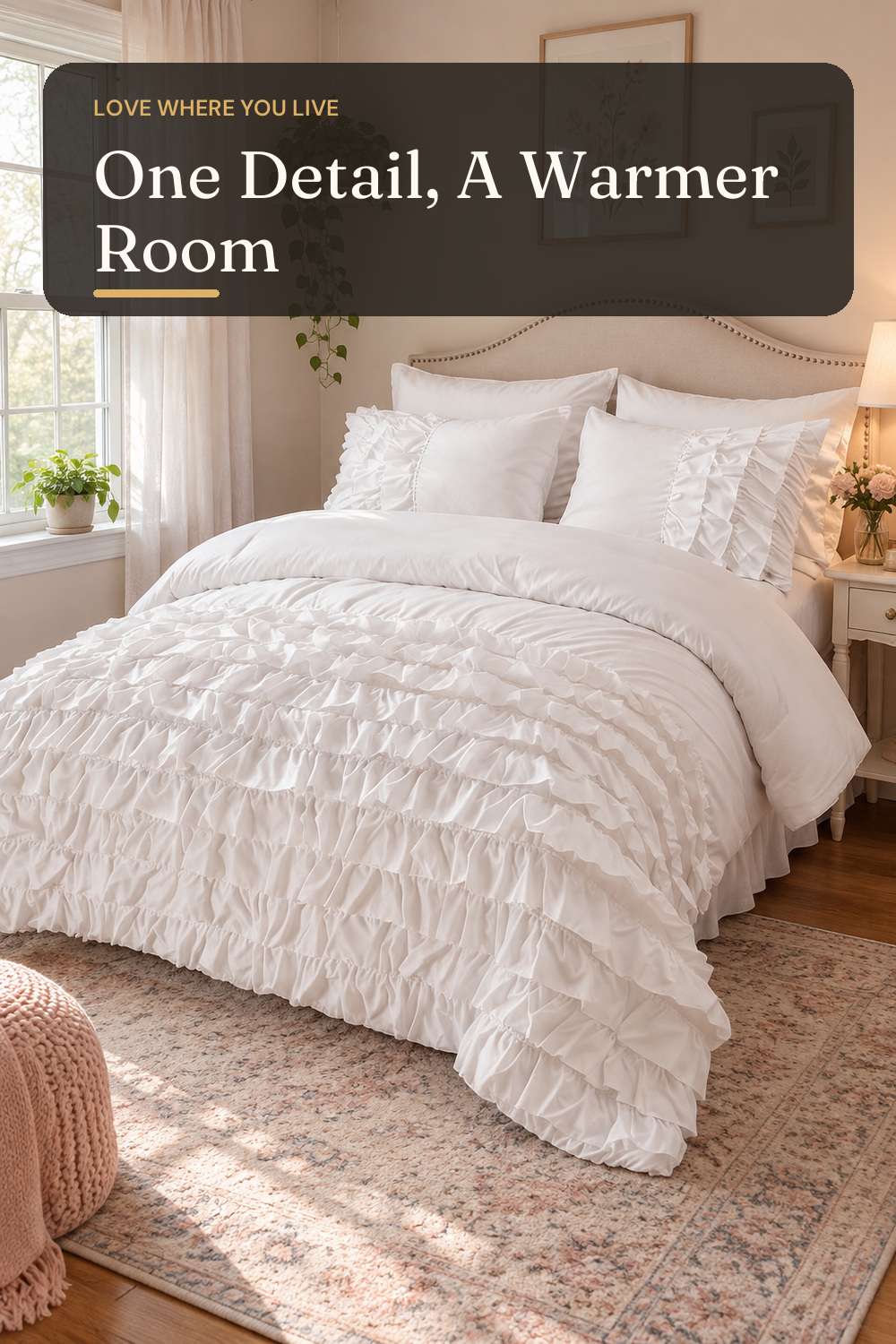 Holawakaka White Waterfall Ruffle Full Comforter Set for Girls Women; AI-generated styling illustration