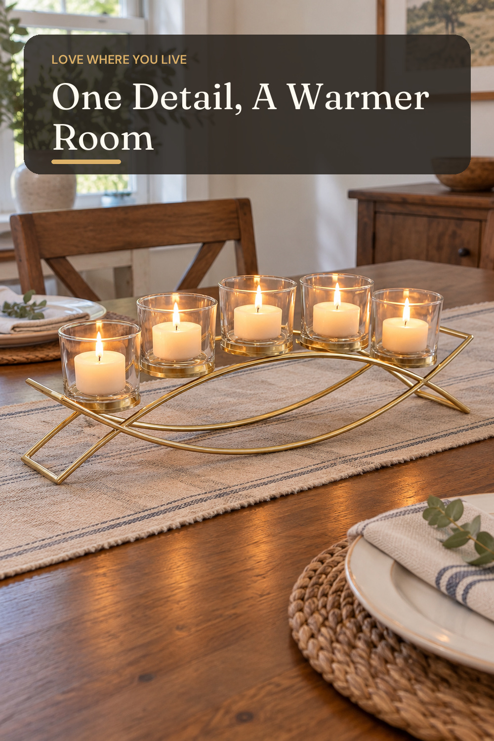Seraphic Centerpieces for Tables, Dining Room Candle Holder Decor, Gold; AI-generated styling illustration