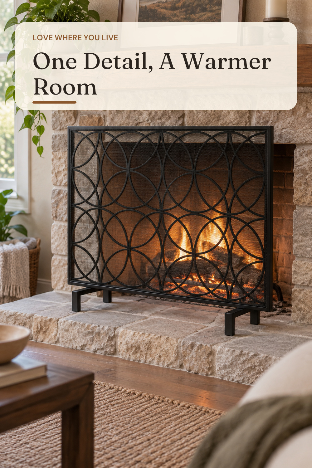 Christopher Knight Home Valeno Single Panel Iron Fireplace Screen, Black; AI-generated styling illustration