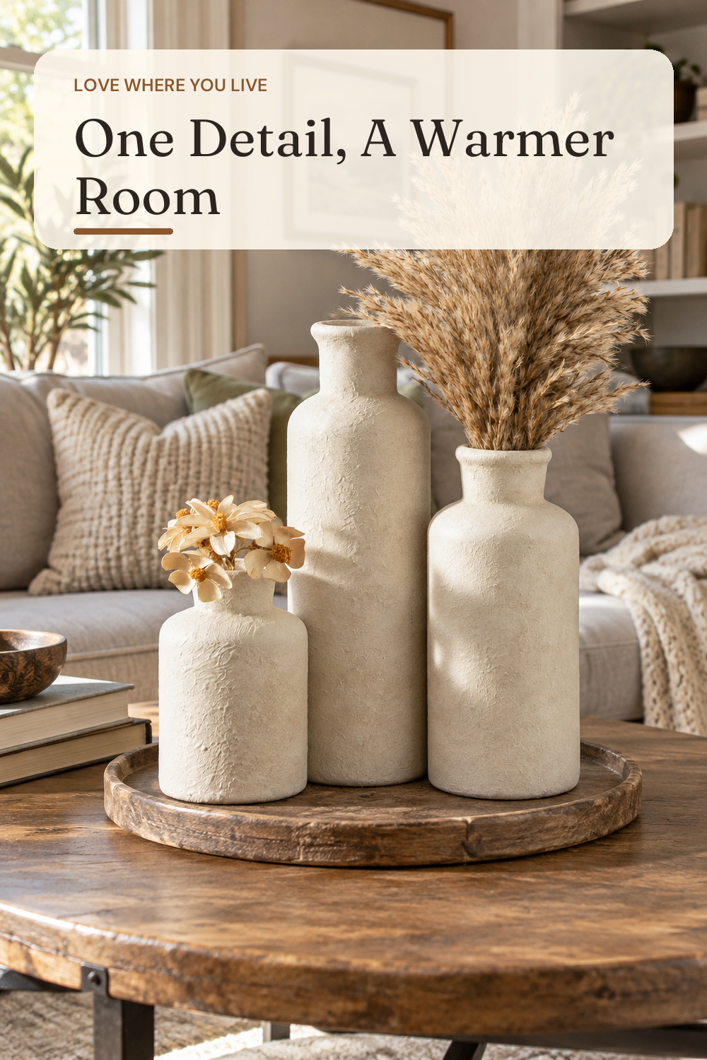Ceramic Vases Set of 3, Whitewashed Neutral Flower Vases Home Decor, Pottery Rustic Farmhouse Decorative Vases Modern Decor for Table Mantel Entryway Bookshelf Living Room Kitchen Bedroom; AI-generated styling illustration
