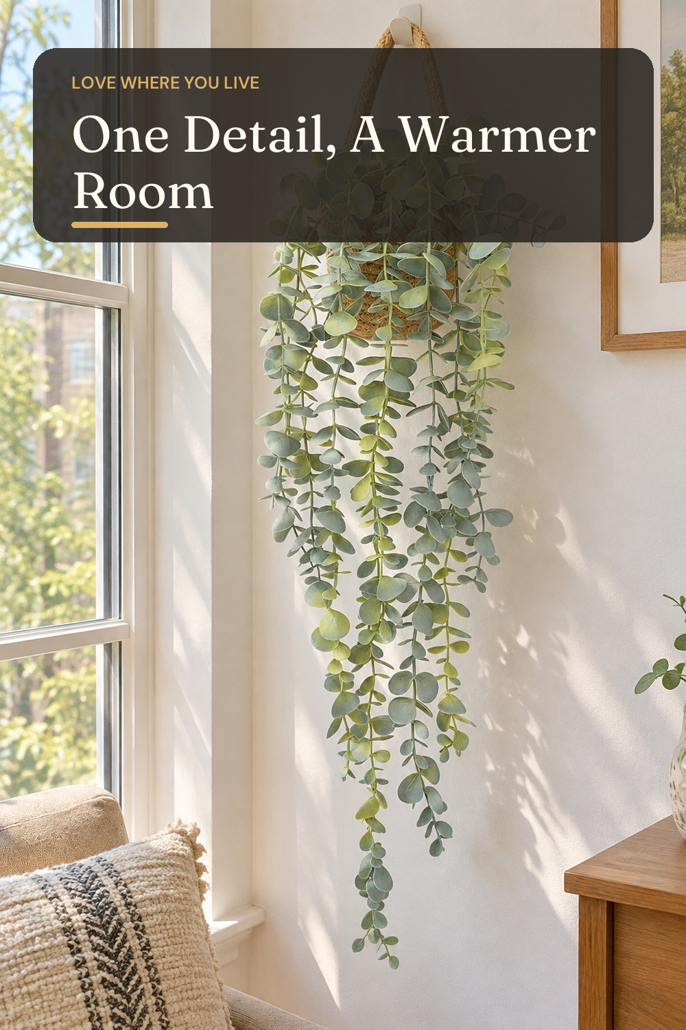 Fake Hanging Plant Decor Indoor, Eucalyptus Artificial Faux Plants in Wall Woven Planters, Jute Hanger with Black Pot Soft Green 1PCS 23Inch Long; AI-generated styling illustration