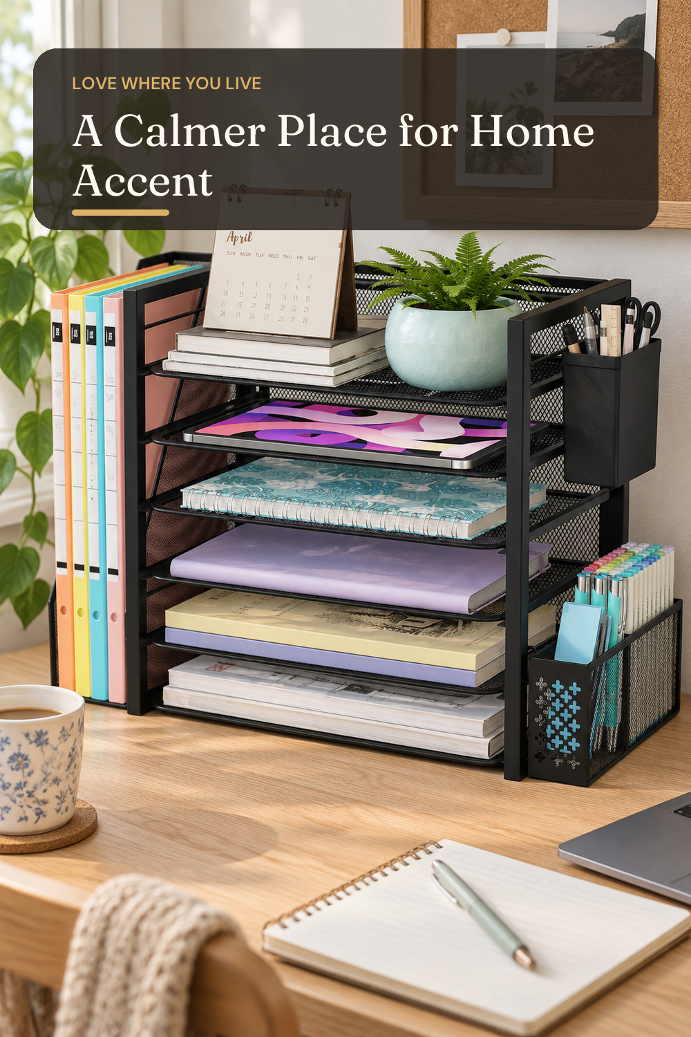 Simple Trending Desk File Organizer, 6-Tier Paper Organizer for Desk, Black; AI-generated styling illustration