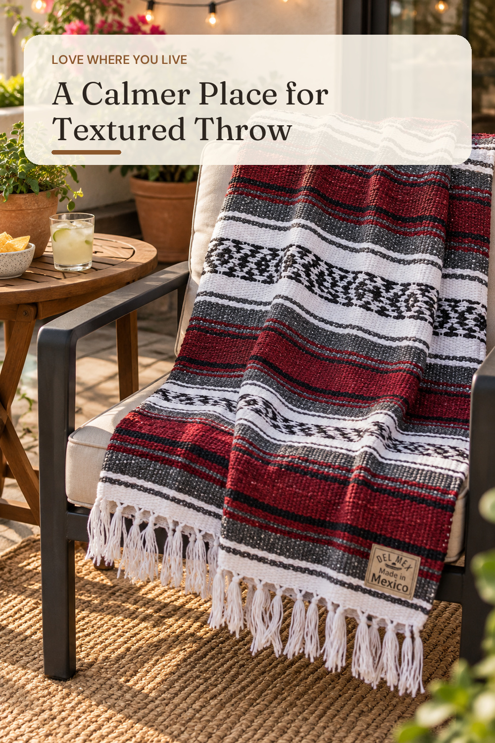 Del Mex Classic Mexican Blanket, Large Authentic Woven Falsa Throw (70"x50"), Artisan Southwest Décor for Beach, Yoga, Outdoors (Burgundy); AI-generated styling illustration