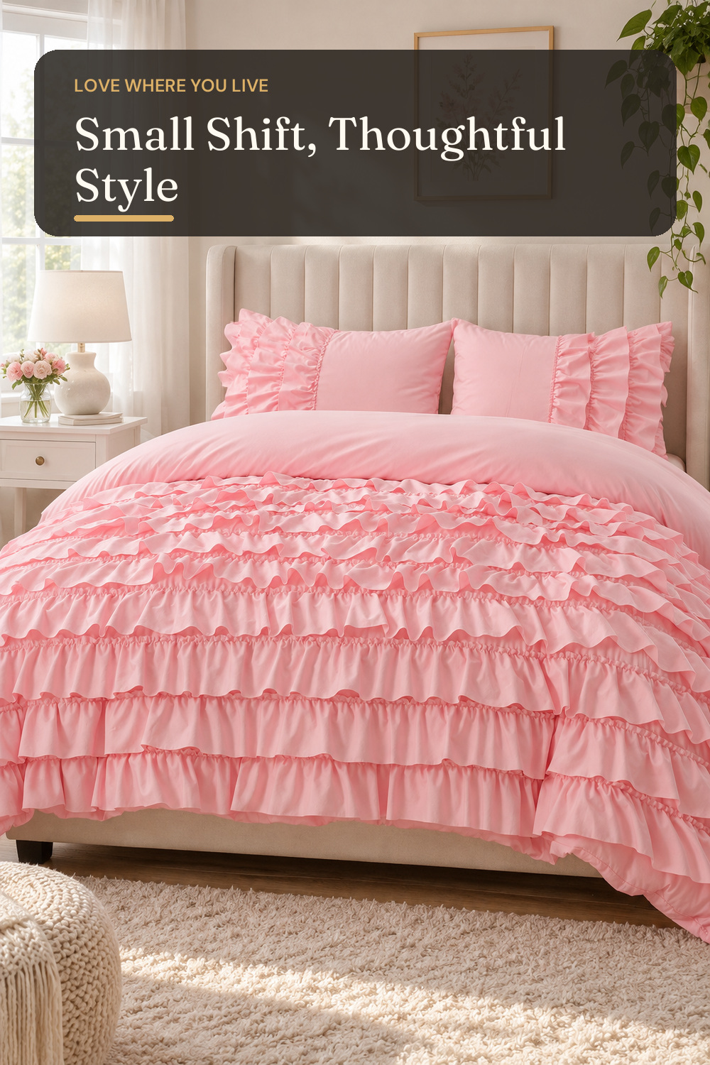 Holawakaka Pink Waterfall Ruffle Comforter Set Twin Size Multi-Layers Ruffled Shabby Chic 3PCS Bedding Set for Girls Women; AI-generated styling illustration