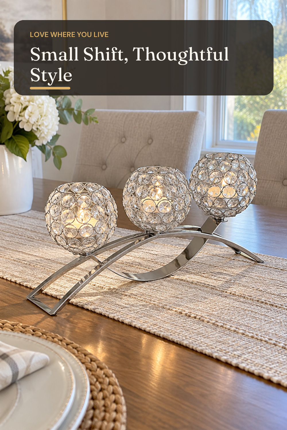 Crystal Candle Holders, 3 Arms Crystal Candelabras, Coffee Table Decorative Centerpieces for Living Room,Dinning Room Christmas Decoration, Wedding Decor,Home Decor,Wedding Gifts(Silver); AI-generated styling illustration