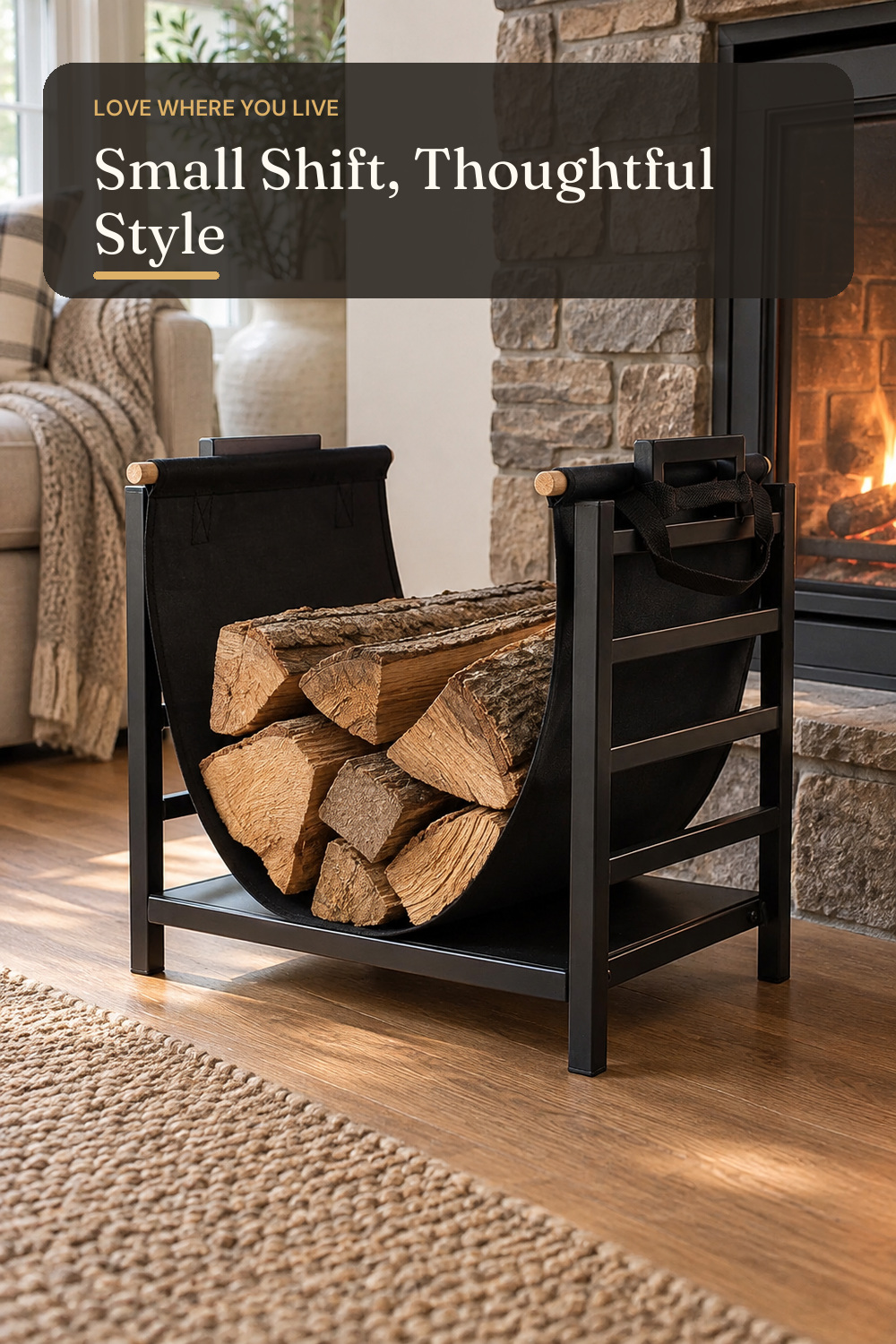 DOEWORKS Indoor Firewood Rack 18 Inch Fireplace Log Holder with Canvas Carrier; AI-generated styling illustration