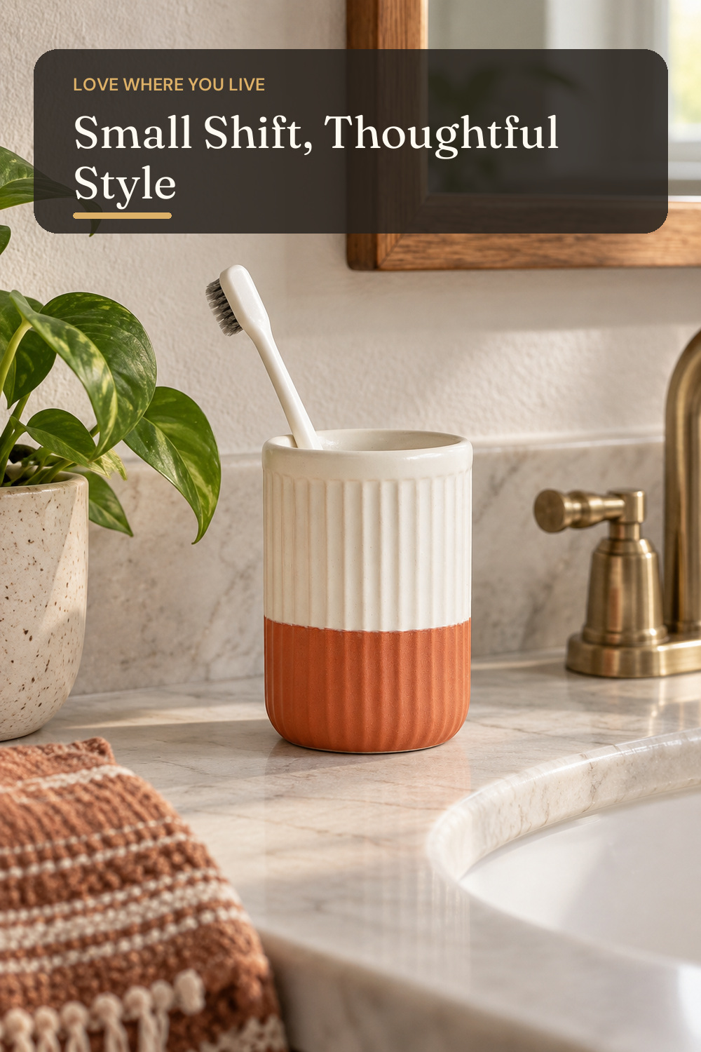 Two Tone Terracotta Ceramic Toothbrush Holder, Rippled Design; AI-generated styling illustration