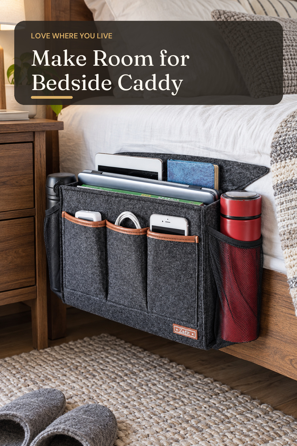 Zafit Bedside Caddy, Large Size Storage Organizer with 8 Pockets - Holds Magazines, Remotes, Phone (13.4'' x 18.1'', Dark Grey); AI-generated styling illustration