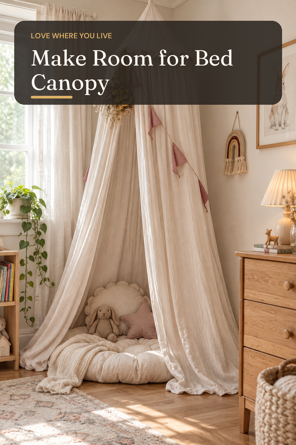 MAMERIA Kids Bed Canopy with Frills Cotton Hanging Tent Curtain Net for Reading Nook Hideaway Bedding Play Room Decor (Beige); AI-generated styling illustration