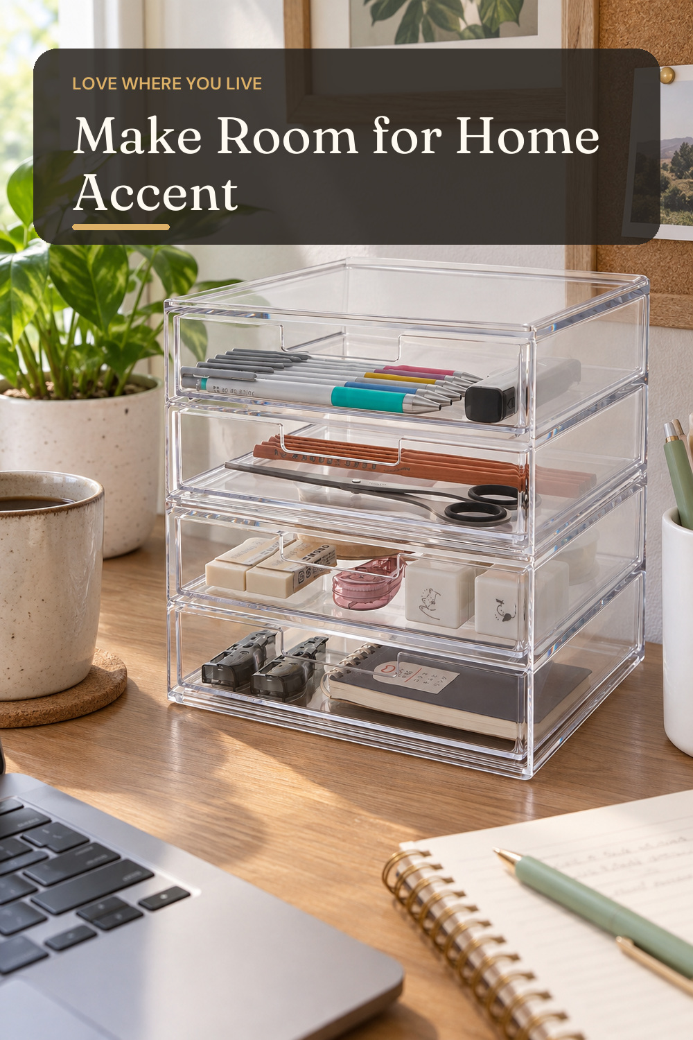 STORi Stackable Desk Drawer Organizer, Clear Pen Pencil Makeup Brush Holder for Desktops and Vanities, 4 Wide Drawers (Made in USA); AI-generated styling illustration