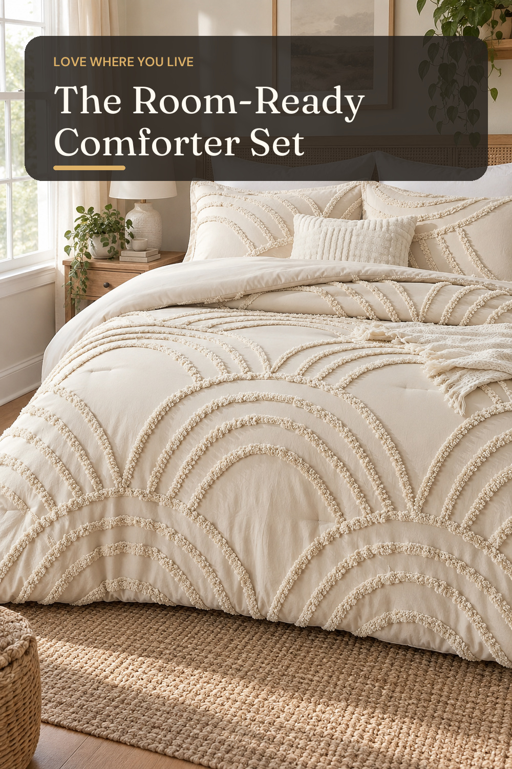 ENJOHOS Boho Queen Comforter Set Beige Tufted Rainbow Bedding for Queen Size Bed, Boho Chic Decor, 3 Pieces Lightweight Fluffy Soft Microfiber Cream Comforter with 2 Pillow Cases for All Season; AI-generated styling illustration
