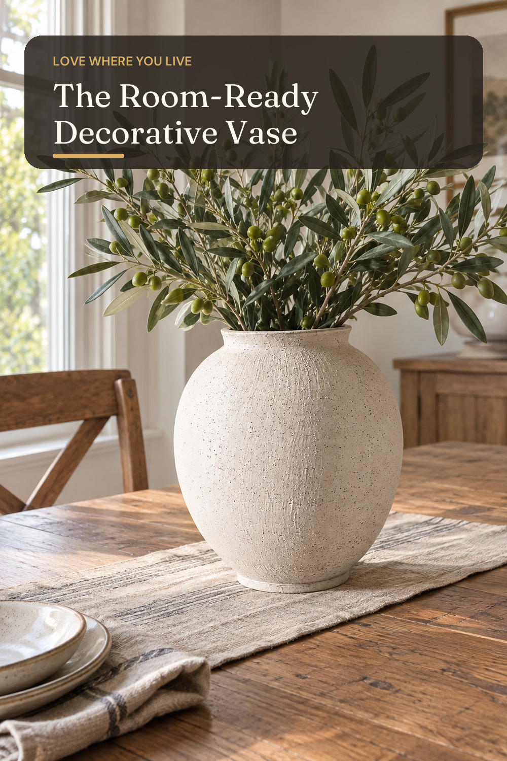 Large White Ceramic Vase - 9.8 Inch Rustic Farmhouse Flower Vase for Home Decor, Minimalist Tall Vases for Living Room, Table, Bathroom, Holiday & Weddings (Sandstone White); AI-generated styling illustration