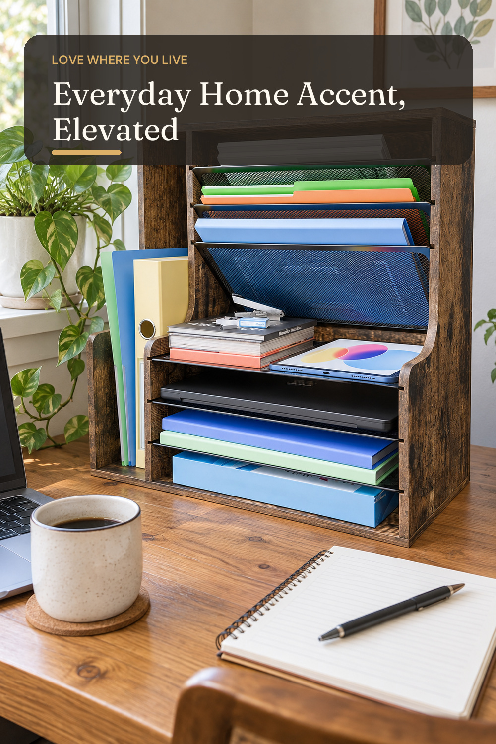Simple Trending 7- Tier Desk File Organizer, Paper Organizer, Rustic Brown; AI-generated styling illustration