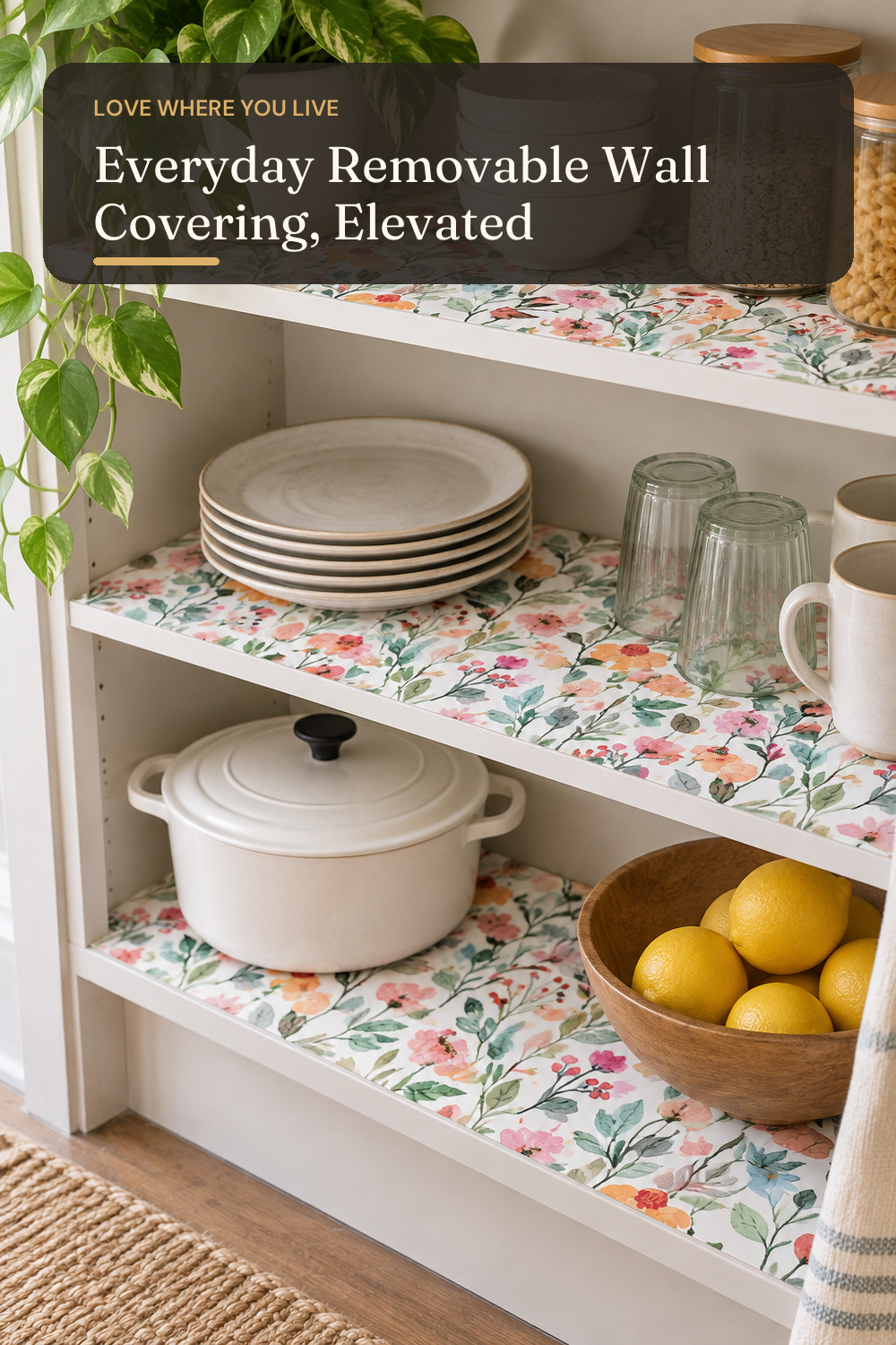 GaliGali Watercolor Floral Shelf Liner Self-Adhesive, Removable 17.3"x78.7"; AI-generated styling illustration