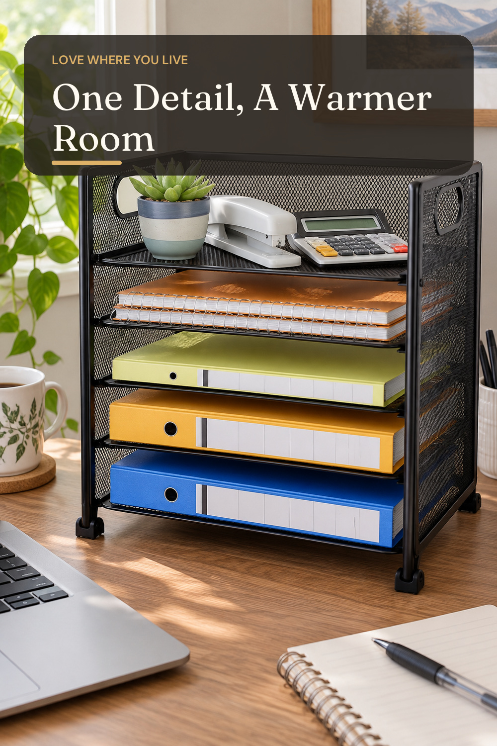 Simple Trending Desk Organizer, 5 Tier Paper Organizer, Letter Tray, Black; AI-generated styling illustration