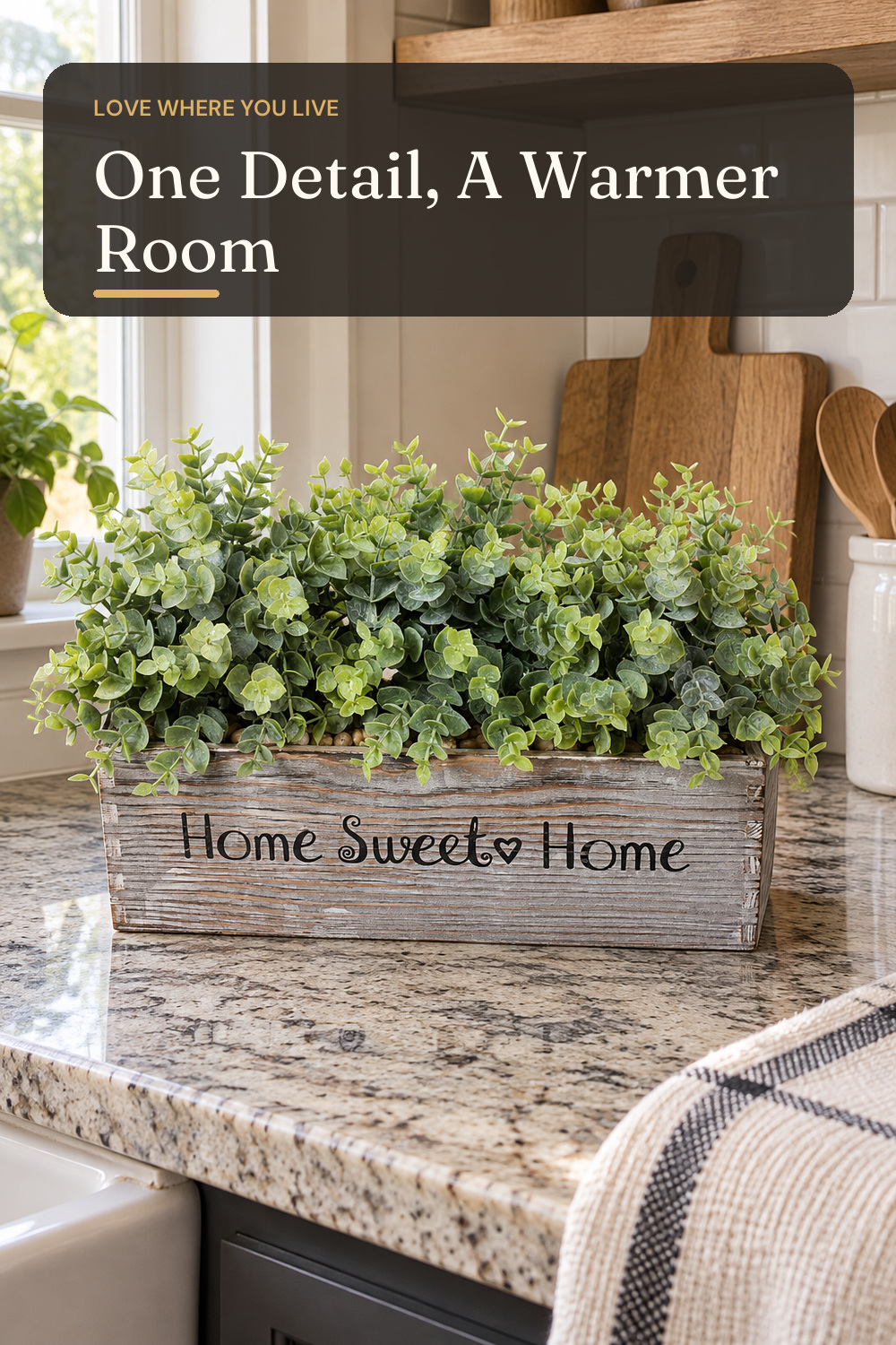 1 Pcs Wooden Potted Eucalyptus Plant Greenery Arrangement Artificial Eucalyptus Plant in Rectangular Wood Planter Box for Rustic Farmhouse Indoor Centerpiece Tabletop Window Sills Kitchen Shelf Decor; AI-generated styling illustration