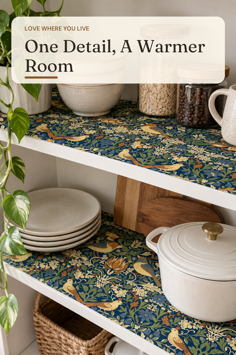 William Morris Adhesive Shelf Liner Strawberry Bird Shelf Liner; AI-generated styling illustration
