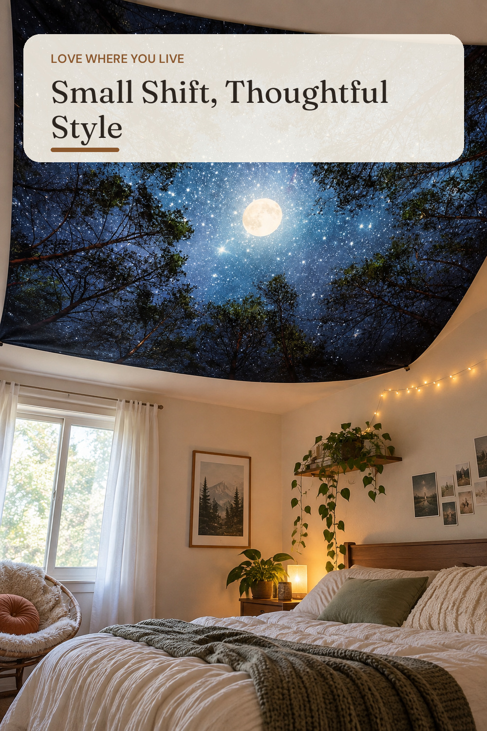 Apdidl Space Ceiling Tapestry for Bedroom, Large Galaxy Forest Wall Hanging; AI-generated styling illustration