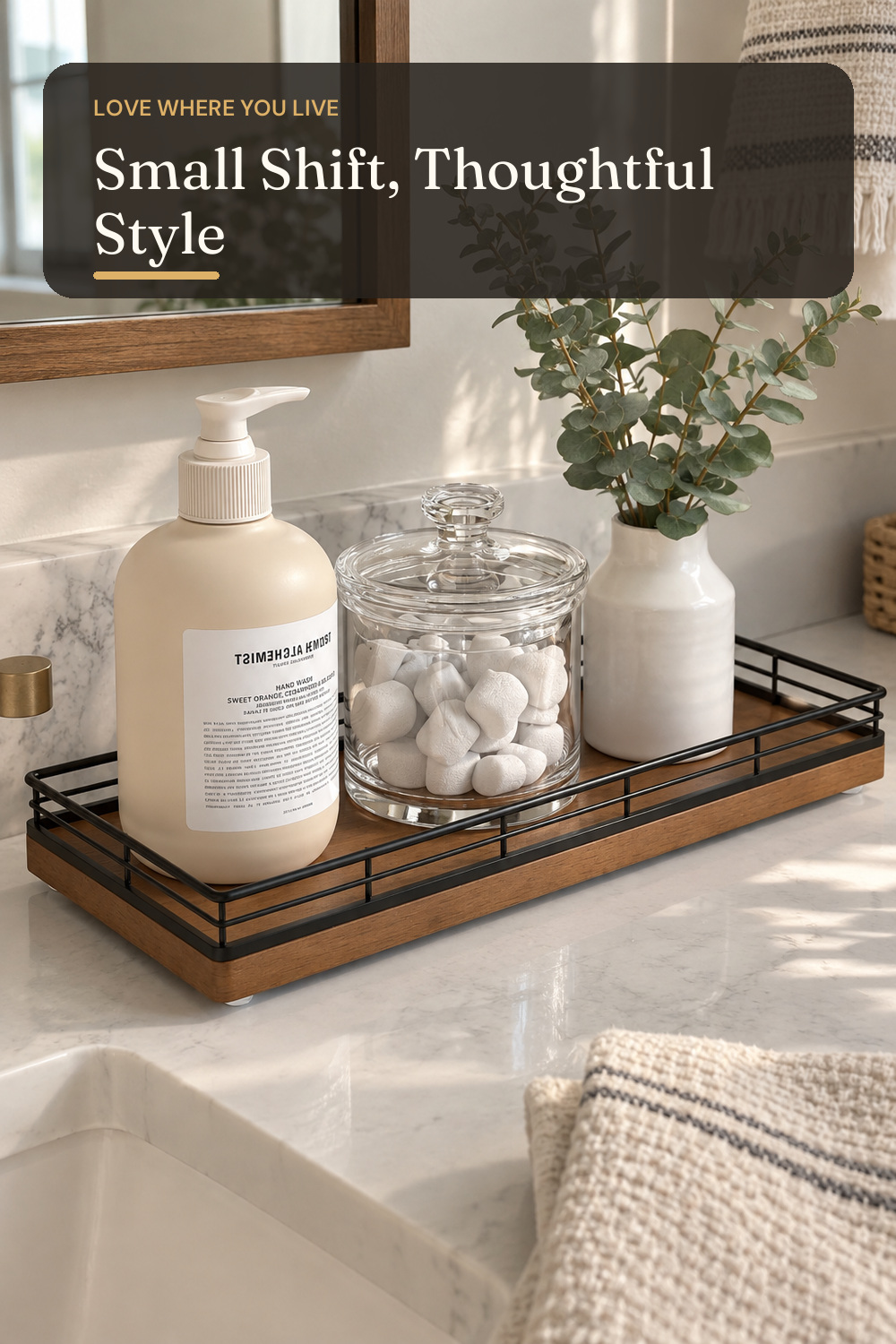 Bathroom Tray for Counter Top Organizer, Oak Wood Vanity Tray; AI-generated styling illustration