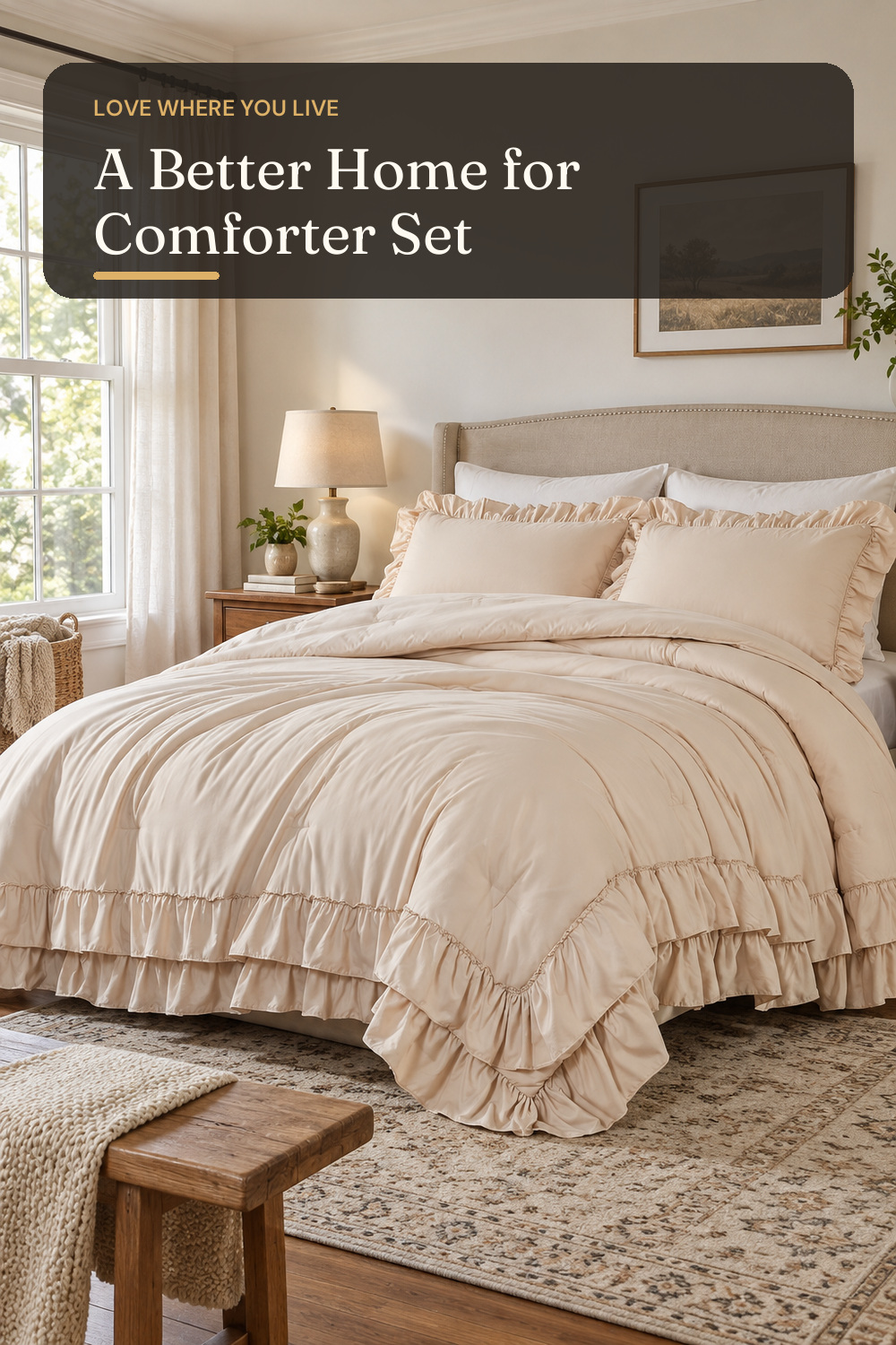 Cupocupa Beige Queen Comforter Set, 3Pcs Comforters Ruffle Farmhouse Bedding Sets Queen with Comforter, Lightweight Soft Shabby Chic Bedding Comforter Set Fluffy for All Season; AI-generated styling illustration