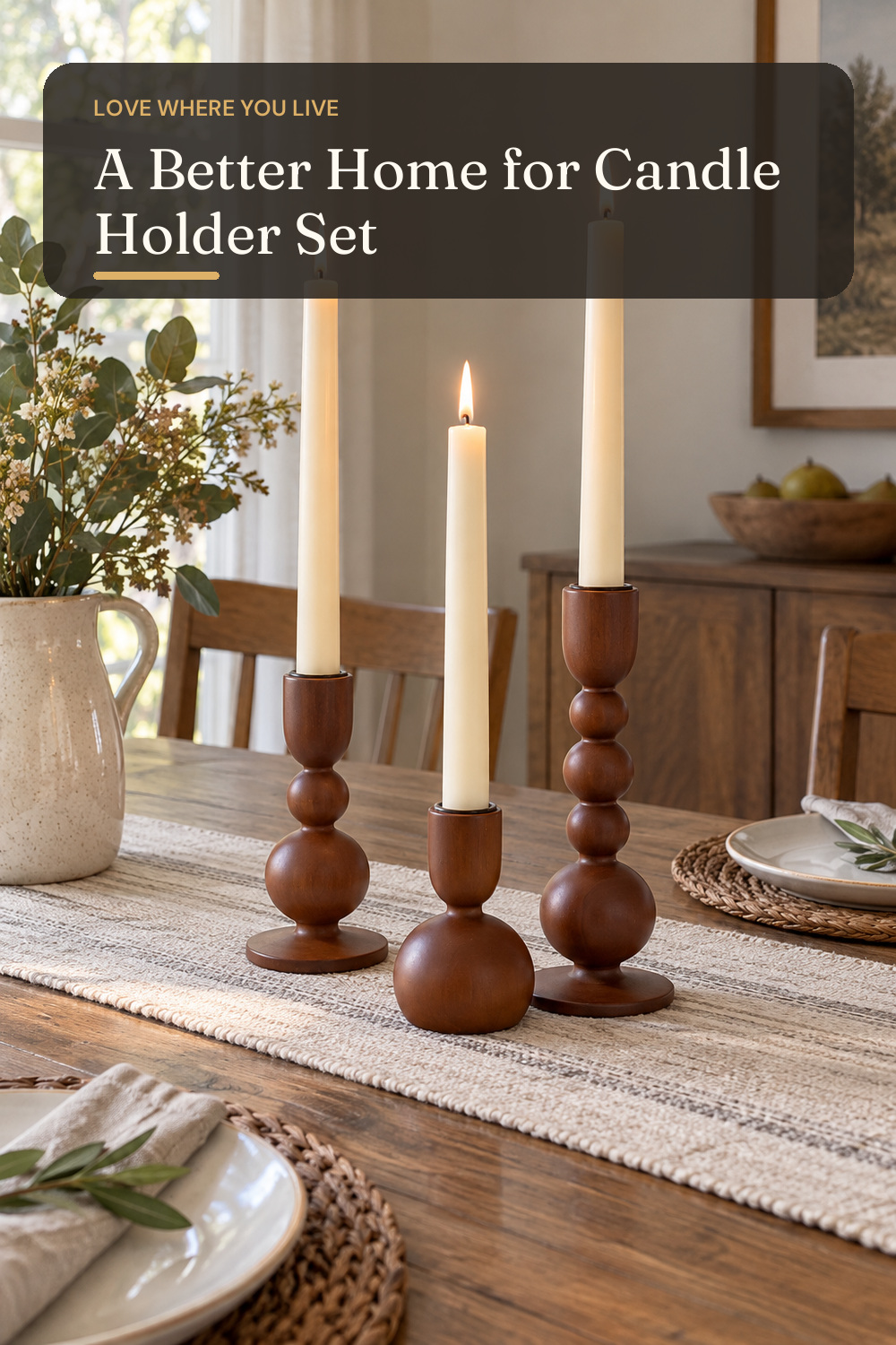 NUPTIO Wooden Taper Candle Holders, Set of 3 Brown Candlesticks; AI-generated styling illustration