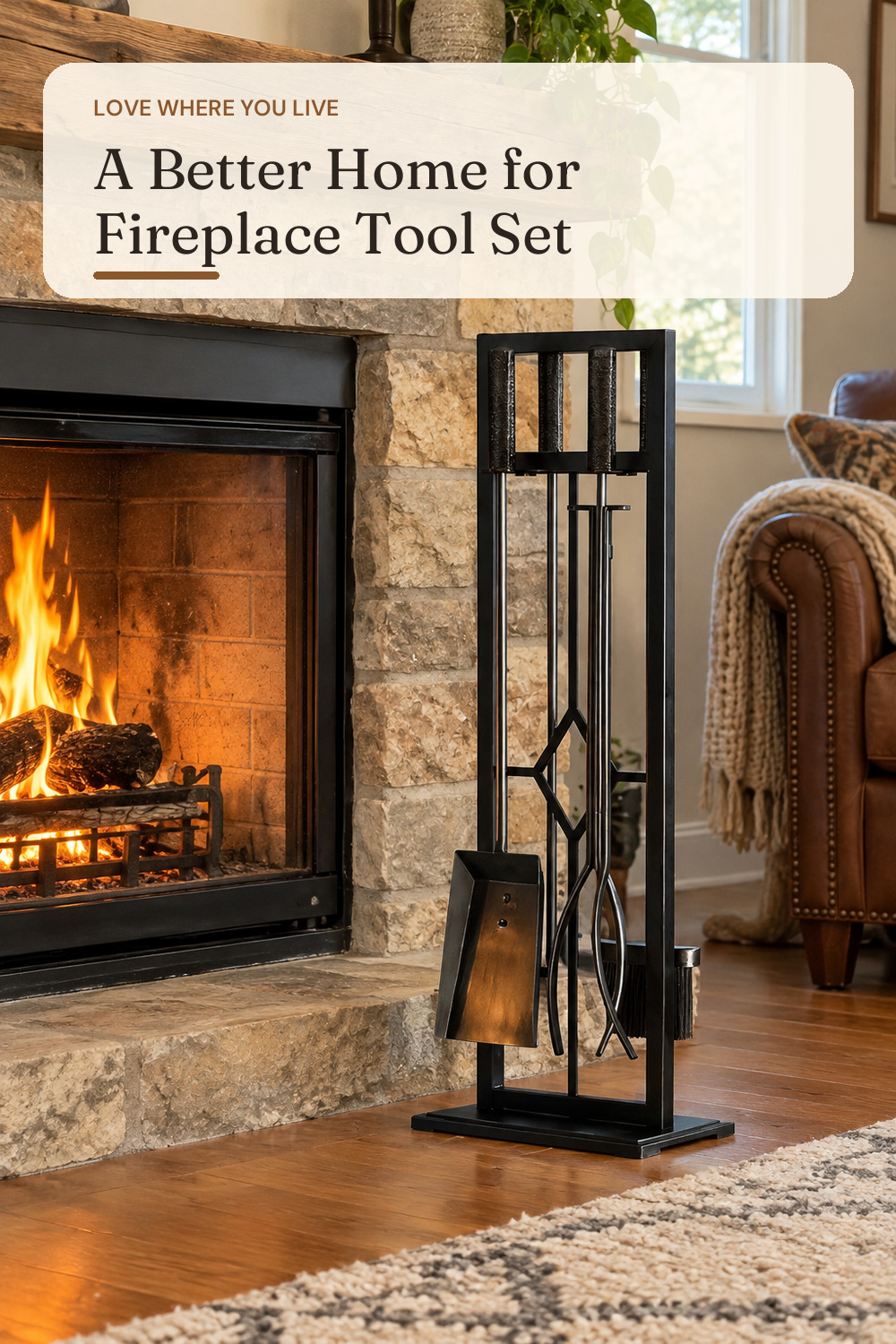 Fire Beauty 5Pcs Wrought Iron Fireplace Tools Set for Indoor Stove(Black); AI-generated styling illustration
