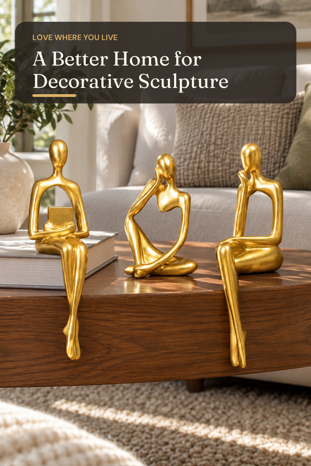 Abstract Gold Reading Thinker Statues for Book Shelf Office, Resin,Set of 3; AI-generated styling illustration