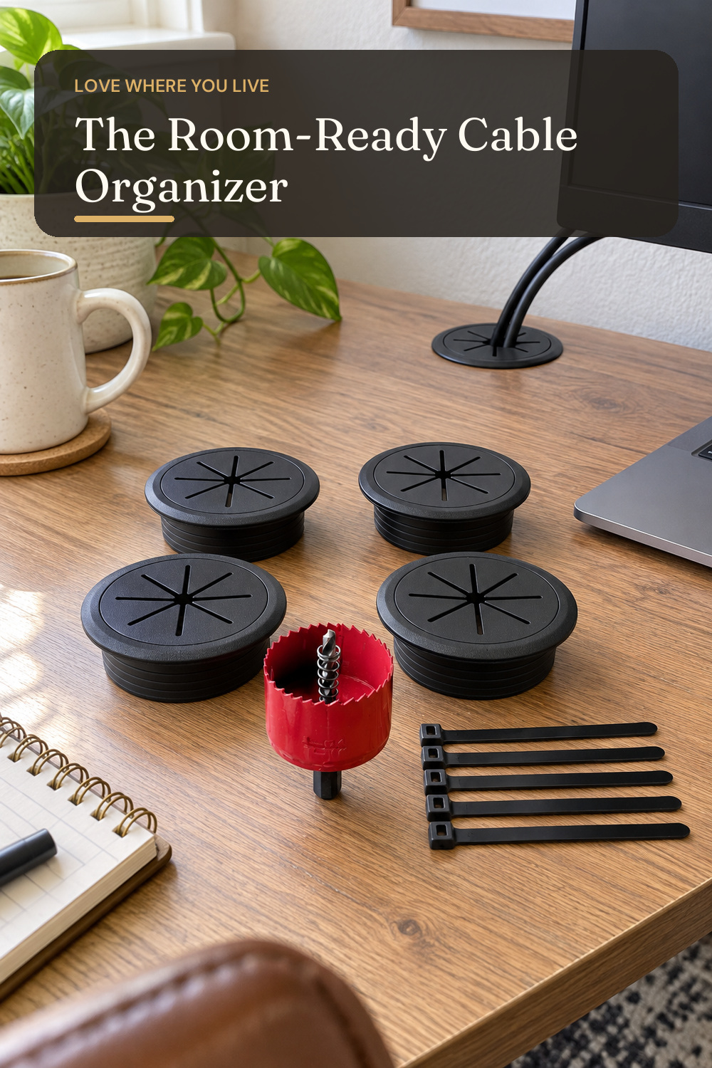 4 Pack Desk Grommet 2 Inch (50 mm), Desk Hole Cover for Cables, Black Desk Cord Hole Cover for Office Home Table, Cable Grommet with 1 Hole Saw Drill Attachment & 6 Cable Ties; AI-generated styling illustration