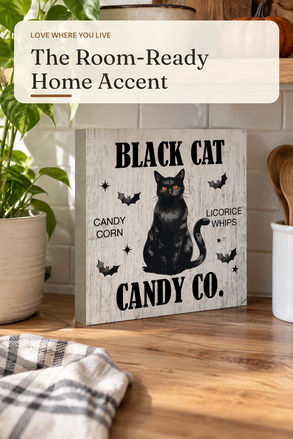 Halloween Decorations Black Cat Wooden Sign Halloween Room Decor; AI-generated styling illustration